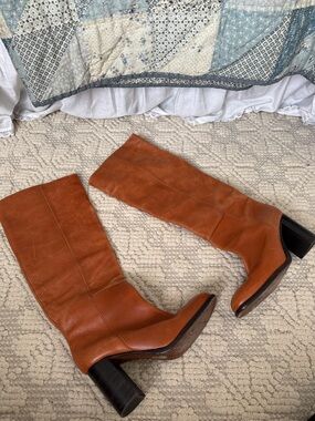Women’s Free People Tall Leather Block Heel Boots in Cognac
